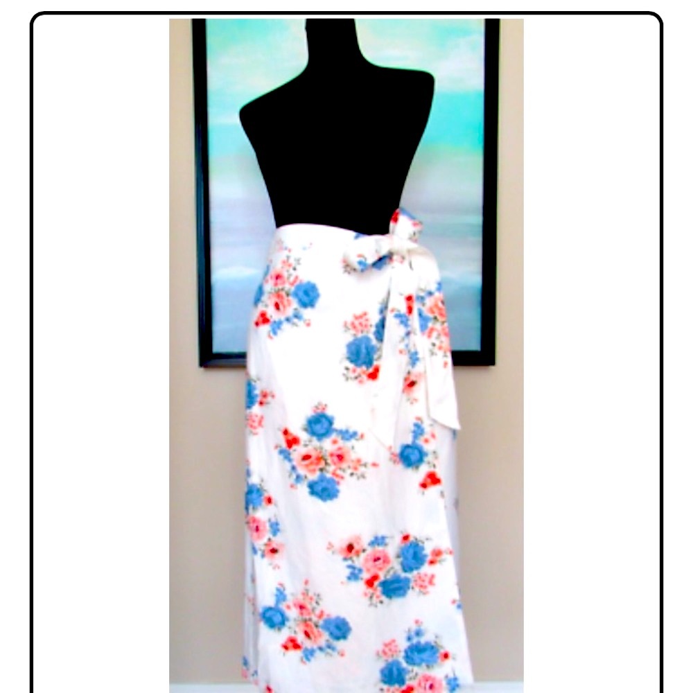 LOFT White Linen Floral Print Midi Wrap Skirt
